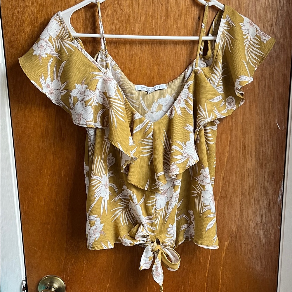 Floral Ruffle Off-The-Shoulder Tie-Front Top - Mustard
